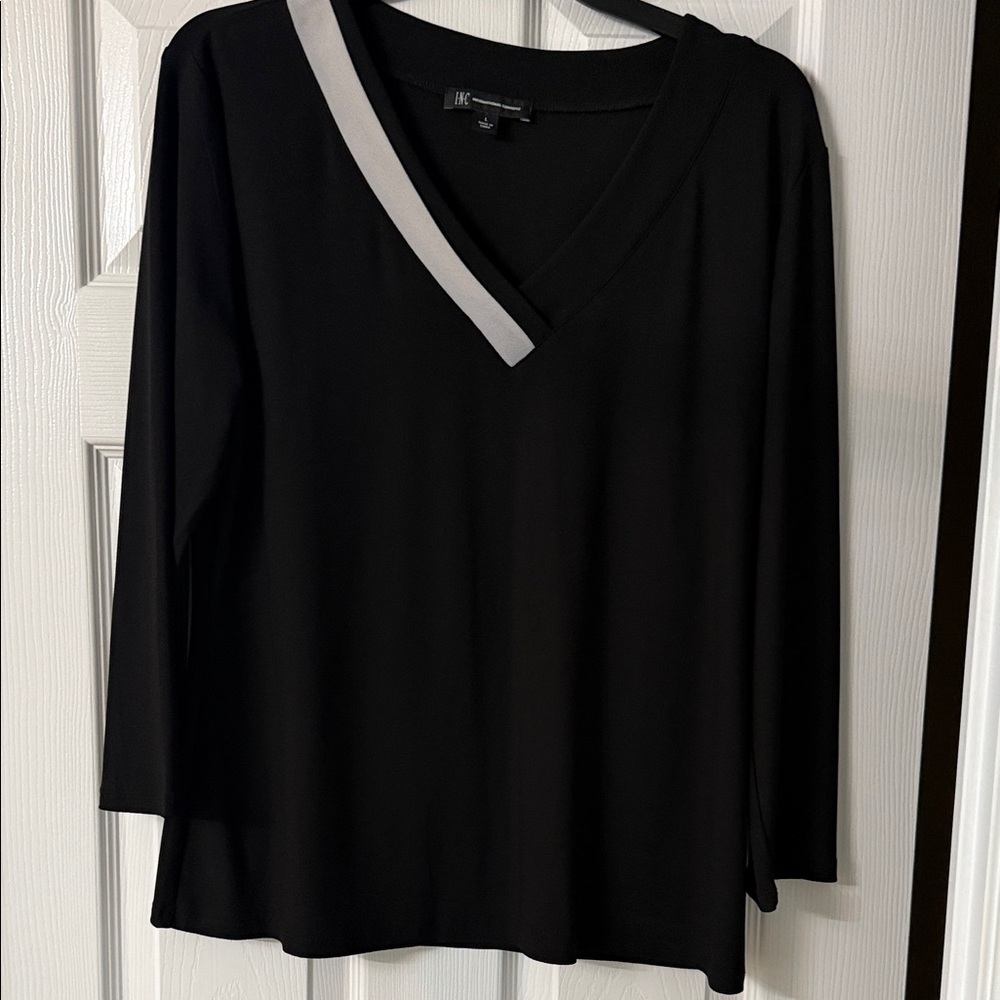 INC International Concepts Black Long Sleeve Top with Gray Accent